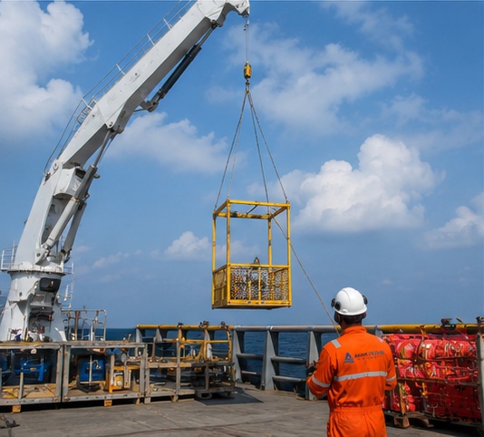 Crane lifting an equipment basket on an offshore vessel deck