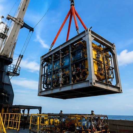 Subsea equipment package being lifted aboard by crane