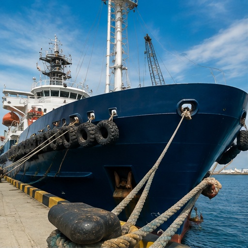 Offshore support vessel moored at dock