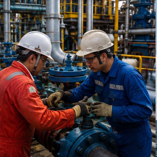 Technicians working on valve equipment at an industrial site