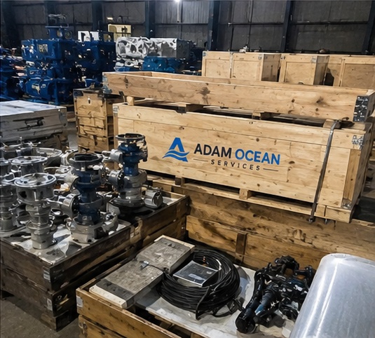 Adam Ocean Services equipment crates and components in warehouse storage